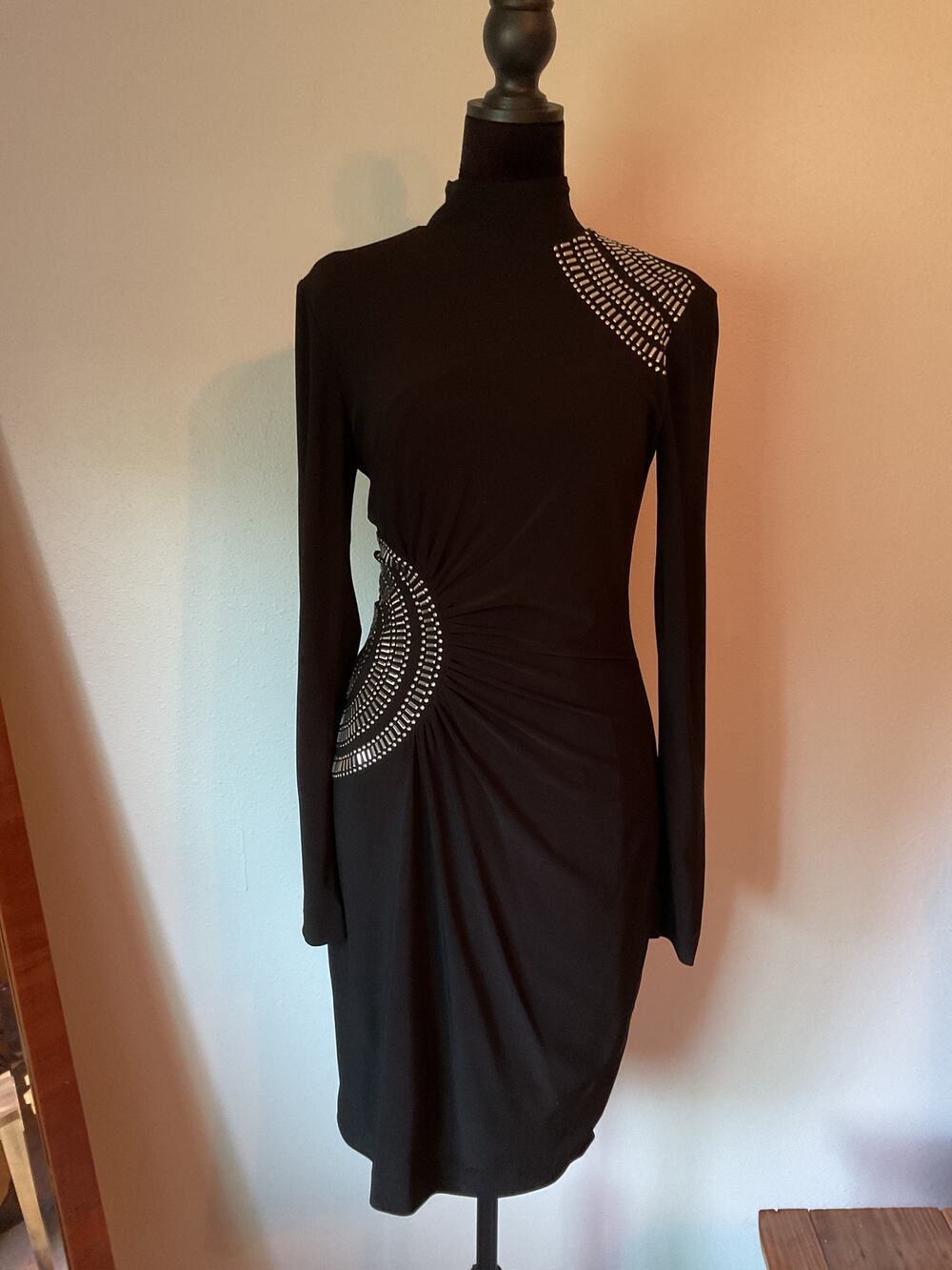 Vintage Cache Black Bodycon Dress Medium M Long Sleeve Metal Studded Geometric